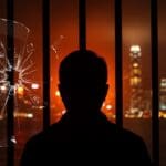 Silhouette de Jimmy Lai tras rejas simbolizando la condena y el fin de la libertad de prensa en Hong Kong con metáforas visuales de riesgos regulatorios para startups en Asia.