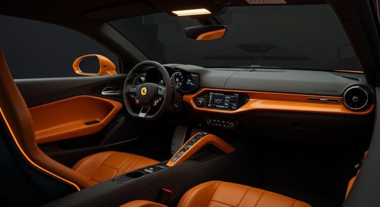 Interior minimalista y lujoso del Ferrari Luce EV diseñado por Jony Ive, integrando innovación tecnológica y movilidad eléctrica.