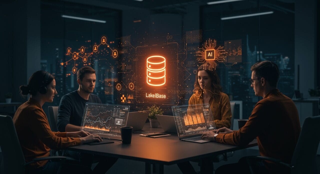 Equipo de desarrollo colaborando con Lakebase, la base de datos Postgres serverless de Databricks que acelera apps con IA agentic en startups.