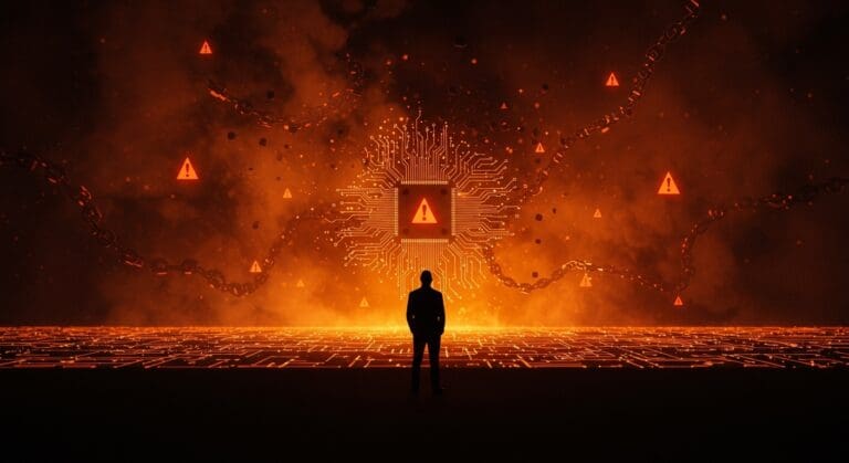 Líder de seguridad IA reflexionando sobre riesgos y ética tecnológica en inteligencia artificial, con símbolos abstractos de amenazas y advertencias en un entorno digital.