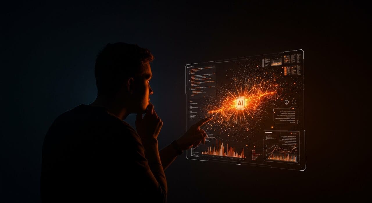 Fundador tech reflexionando sobre líneas de código y métricas de productividad en desarrollo de software con IA generativa en startups.