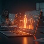 Notebook inteligente Livedocs con IA para análisis de datos iluminado en tonos naranja y negro, representando automatización y toma rápida de decisiones para startups.