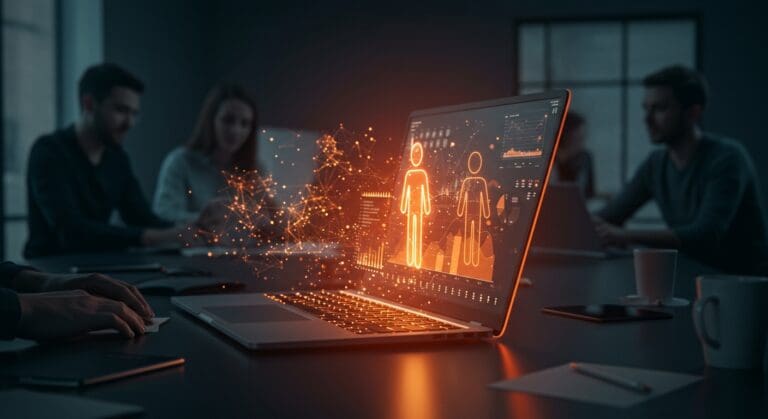 Notebook inteligente Livedocs con IA para análisis de datos iluminado en tonos naranja y negro, representando automatización y toma rápida de decisiones para startups.