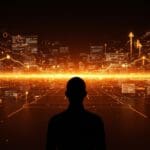 Fundador tecnológico frente a un horizonte digital que simboliza agentes de IA y la evolución del desarrollo de software con LLMs y FORTRAN.