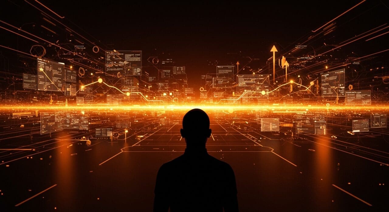 Fundador tecnológico frente a un horizonte digital que simboliza agentes de IA y la evolución del desarrollo de software con LLMs y FORTRAN.