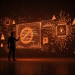 Programador interactuando con código generado por IA y símbolos de seguridad, destacando riesgos y mejores prácticas para LLMs en programación.