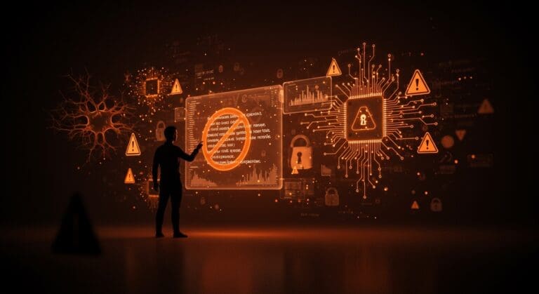 Programador interactuando con código generado por IA y símbolos de seguridad, destacando riesgos y mejores prácticas para LLMs en programación.