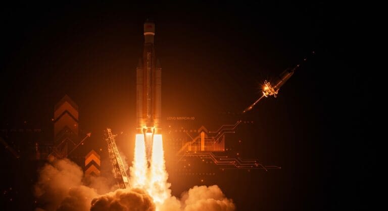 Cohete reutilizable Long March-10 de China despegando en misión lunar, simbolizando innovación tecnológica y exploración espacial.