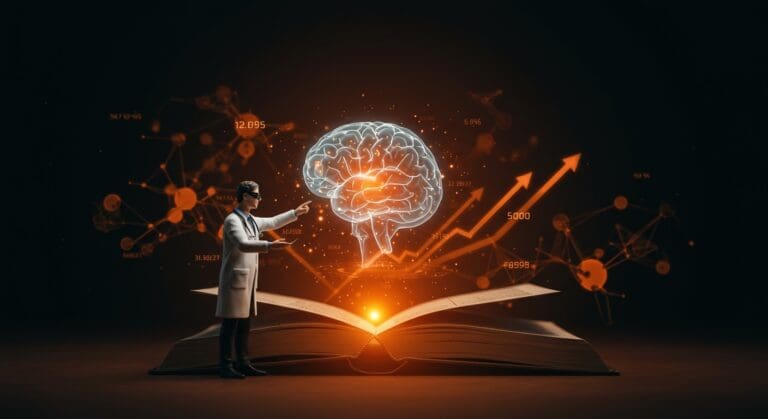 Doctor interactuando con IA médica holográfica que representa financiación healthtech y tendencias de innovación en startups.