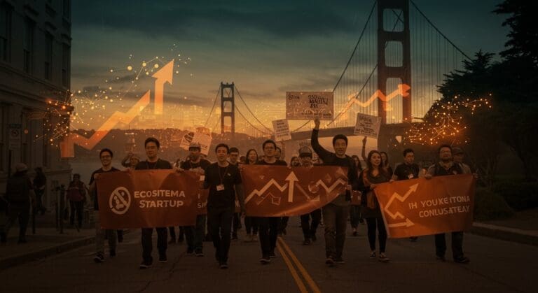 Marcha de fundadores de startups de IA en San Francisco protestando contra el impuesto a la riqueza en California, representando impacto en el ecosistema tech.