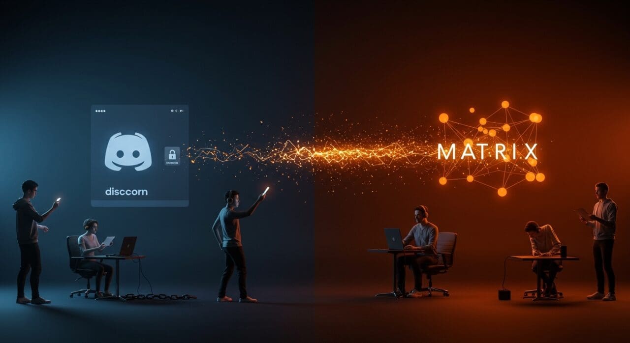 Migración de usuarios de Discord a Matrix por verificación de edad mostrando plataformas descentralizadas y privacidad digital.