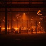 Mega almacenes convertidos en centros de detención con elementos visuales que ilustran inmigración, automatización e inversión tecnológica.