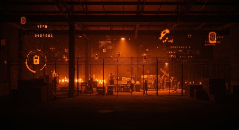 Mega almacenes convertidos en centros de detención con elementos visuales que ilustran inmigración, automatización e inversión tecnológica.