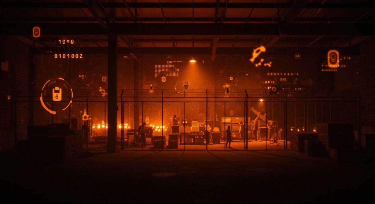 Mega almacenes convertidos en centros de detención con elementos visuales que ilustran inmigración, automatización e inversión tecnológica.