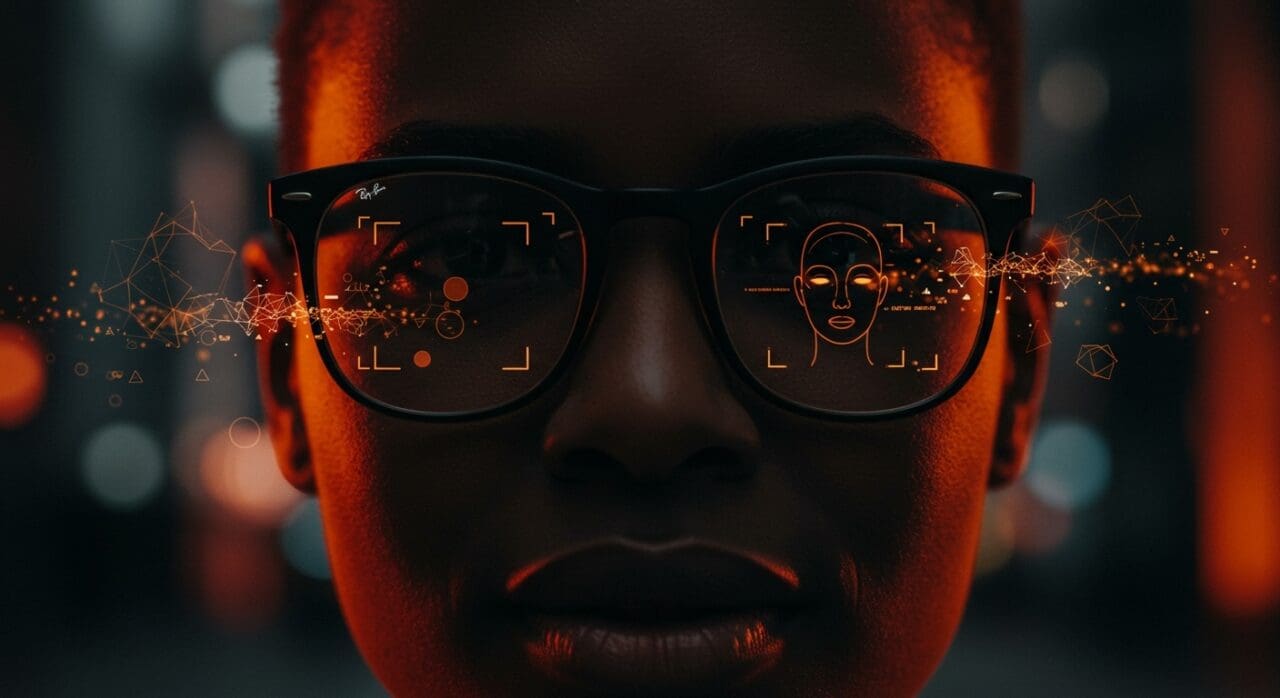 Reconocimiento facial IA en gafas inteligentes Ray-Ban de Meta con interfaz digital en lentes, simbolizando innovación y privacidad tecnológica.