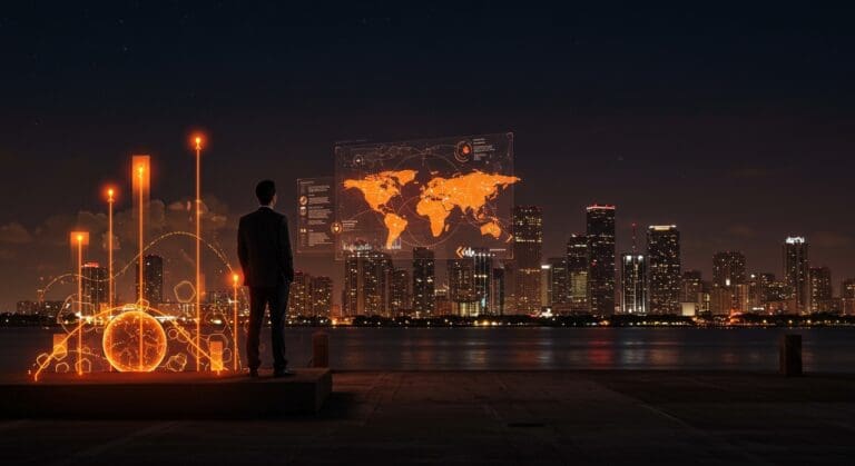 Emprendedor latino en Miami contemplando expansión internacional y crecimiento en startups con contexto de mercado estadounidense.