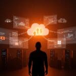 Fundador tech frustrado frente a pantallas con Notepad bloqueado y errores cloud, ilustrando problemas de Microsoft Account y arquitectura Thin Clients en Windows 11.