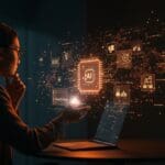 Profesional analizando interfaz holográfica de IA en Windows 11, ilustrando la revisión de Microsoft sobre Copilot y Recall en productividad.