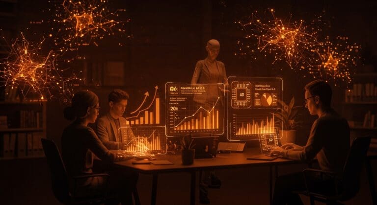 MiniMax M2.5 modelo de IA empresarial mostrando alta eficiencia y bajo costo en ambiente startup con metáfora visual de automatización y redes neuronales.