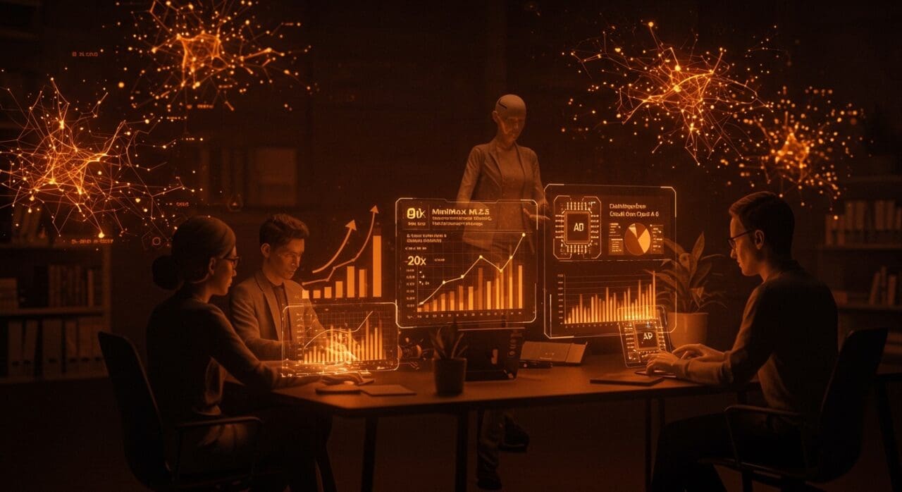 MiniMax M2.5 modelo de IA empresarial mostrando alta eficiencia y bajo costo en ambiente startup con metáfora visual de automatización y redes neuronales.