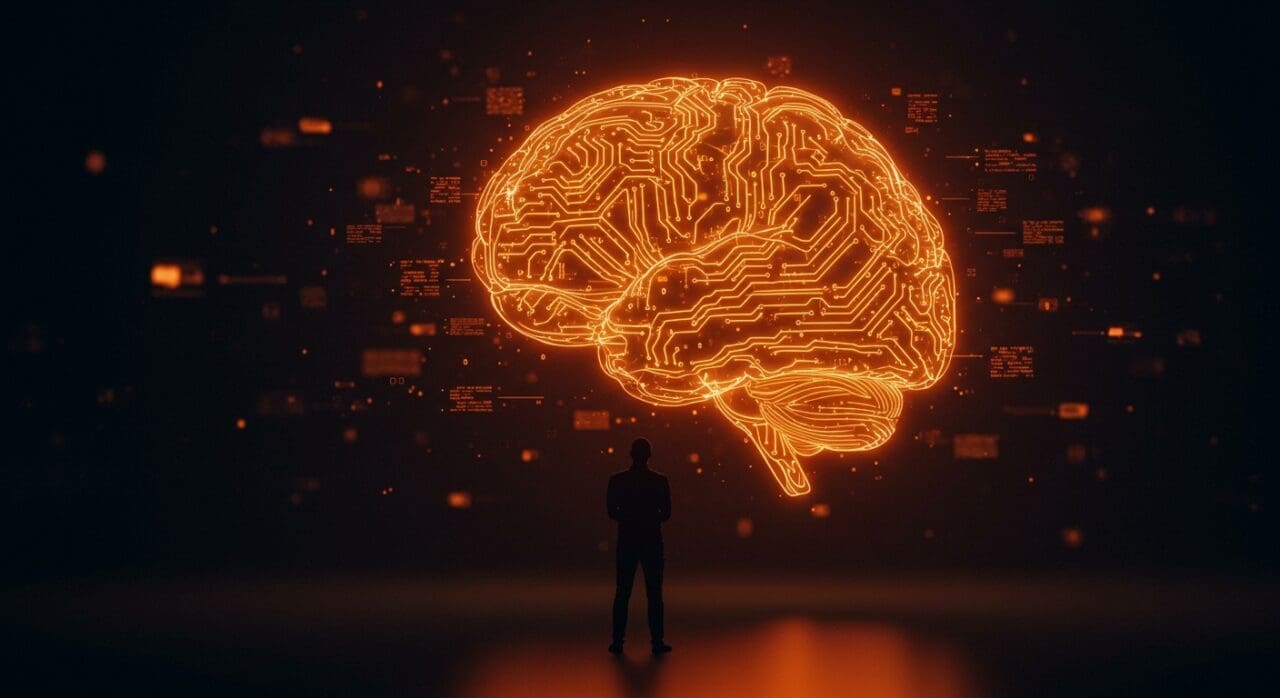 Founder tech contemplando una emulación cerebral digital que representa la ética en inteligencia artificial para el futuro tecnológico.