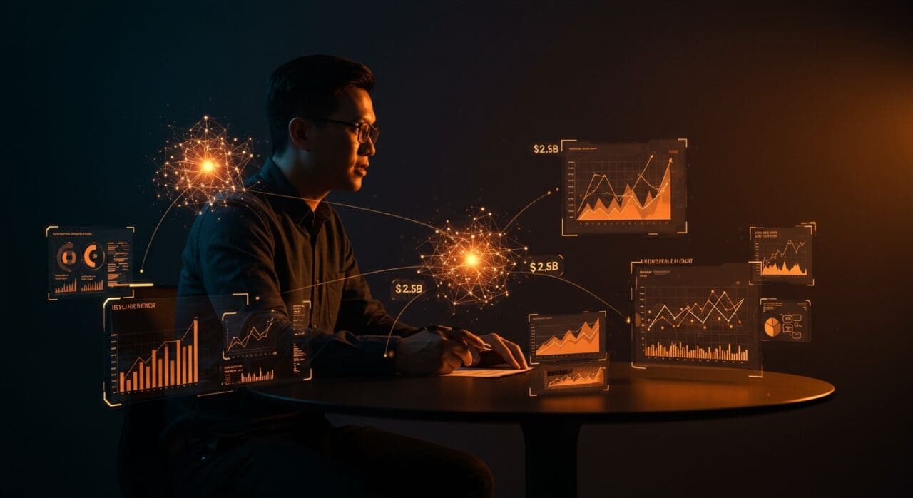 Fundador de startup de IA Modal Labs negociando una ronda de inversión de 2.5 mil millones liderada por General Catalyst con elementos visuales de IA y financiación.