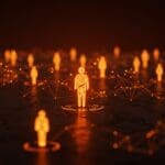 Red social exclusiva para agentes de inteligencia artificial interactuando autónomamente en un ambiente digital futurista con redes neuronales brillantes.