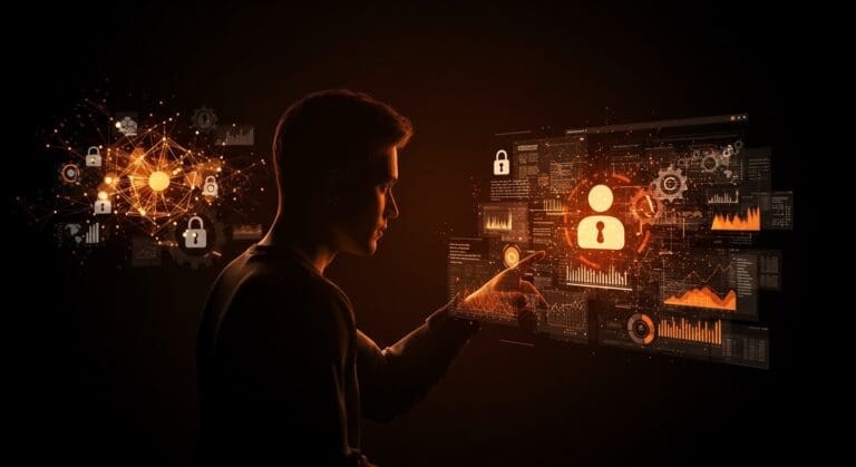 Fundador tech interactuando con interfaz digital que ilustra agentes autónomos de IA transformando modelos SaaS y seguridad empresarial.