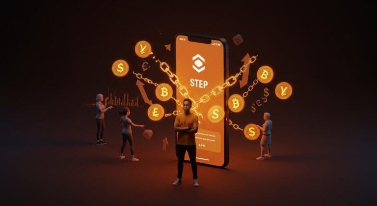 MrBeast presentando la aplicación Step con iconografía de fintech para Gen Z y tecnología financiera innovadora.