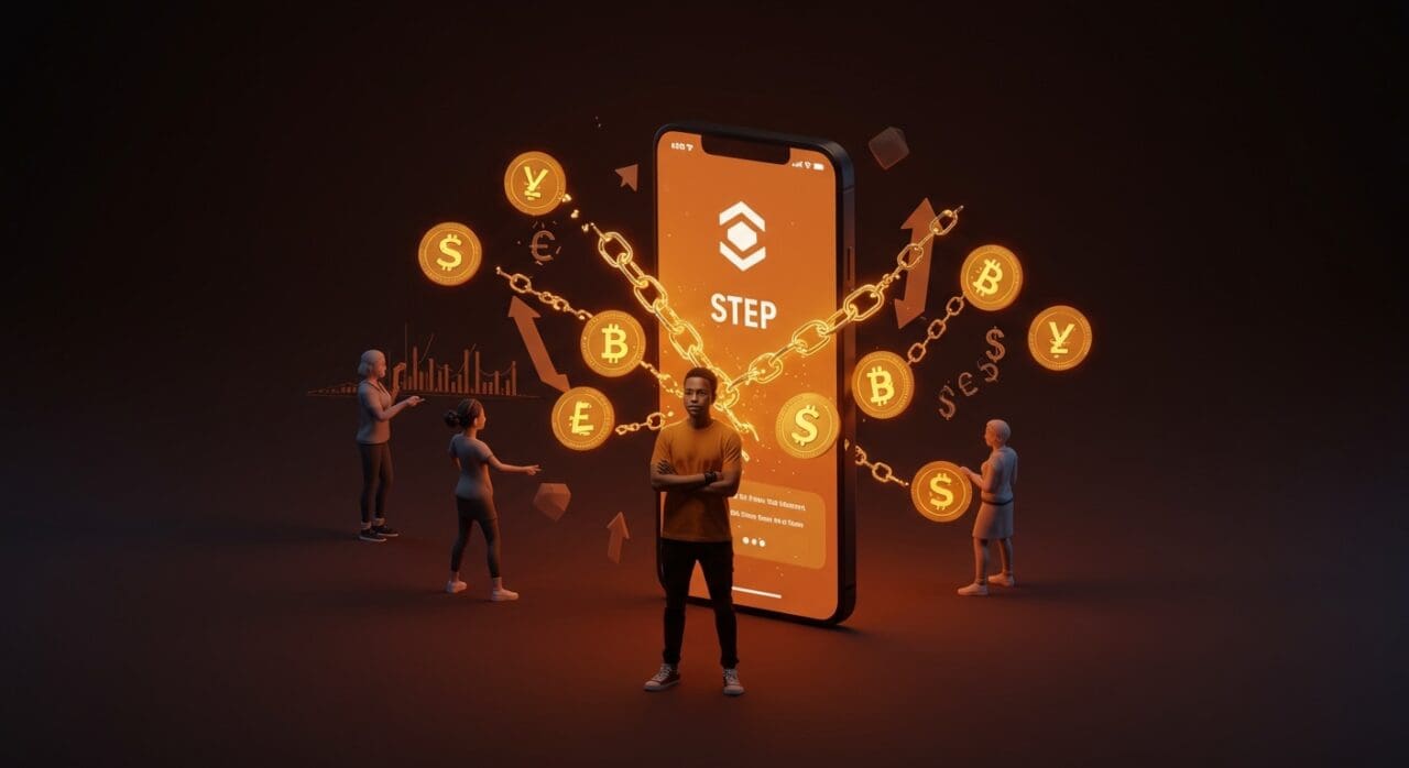 MrBeast presentando la aplicación Step con iconografía de fintech para Gen Z y tecnología financiera innovadora.