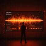 Fundador de startup frente a interfaz digital de plataforma musical, ilustrando comunicación de crisis y gestión comunitaria en ecosistema tech.