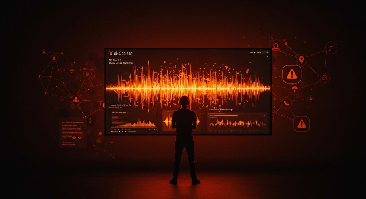 Fundador de startup frente a interfaz digital de plataforma musical, ilustrando comunicación de crisis y gestión comunitaria en ecosistema tech.