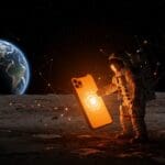 Astronauta en la luna utilizando un iPhone, simbolizando la innovación tecnológica y comunicaciones espaciales en la misión lunar Artemis de la NASA.