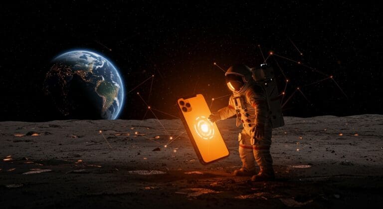 Astronauta en la luna utilizando un iPhone, simbolizando la innovación tecnológica y comunicaciones espaciales en la misión lunar Artemis de la NASA.