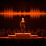 Control narrativo en transmisión deportiva: silueta en podio olímpico con ondas sonoras que simbolizan abucheos silenciados por medios.