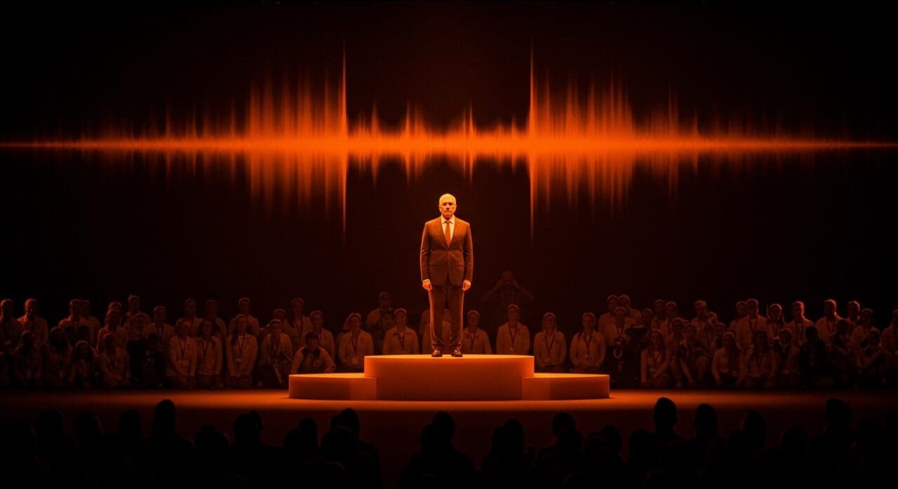 Control narrativo en transmisión deportiva: silueta en podio olímpico con ondas sonoras que simbolizan abucheos silenciados por medios.