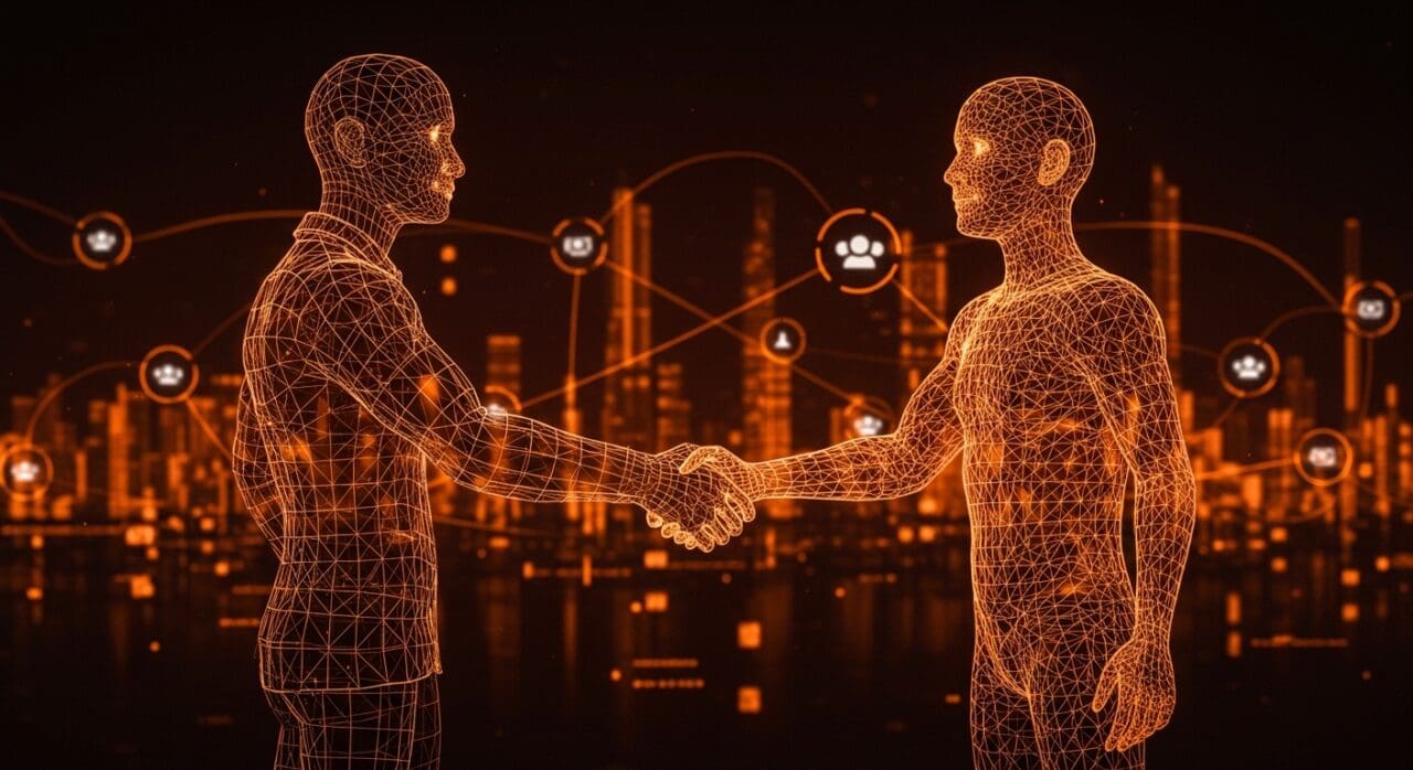 Adquisición tecnológica de startup israelí Tavily por Nebius representada con elementos visuales de inteligencia artificial y agentes autónomos en paleta naranja y negro.