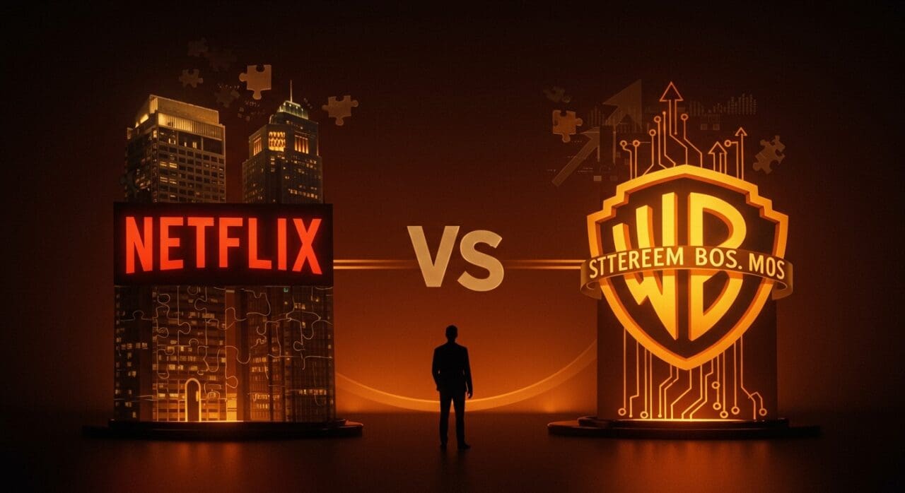 Imagen editorial que representa la adquisición de Warner Bros por Netflix, simbolizando la integración vertical y la consolidación en el entretenimiento digital.