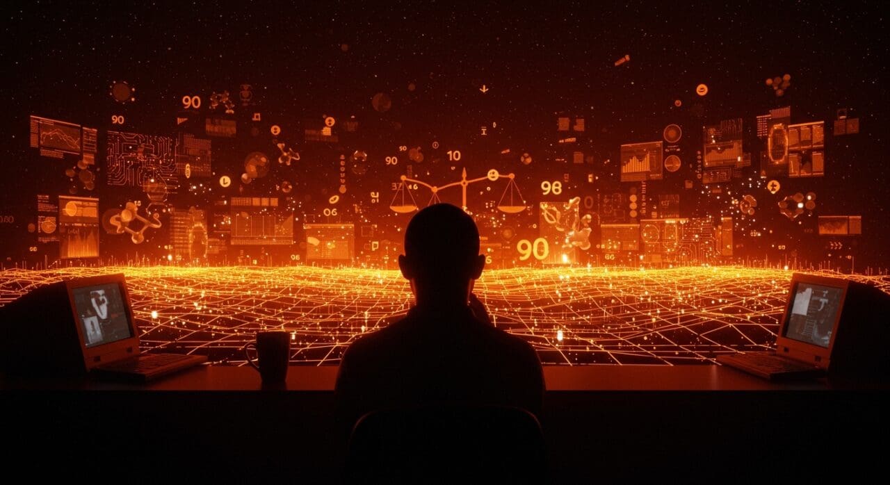 Founder tech reflexionando en un paisaje digital nostálgico de los 90 que combina tecnología, cultura e innovación en LATAM.