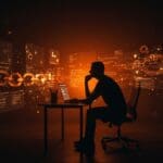 Fundador tecnológico reflexionando sobre la responsabilidad y sostenibilidad en proyectos open source, representado con iconografía digital y cadenas interconectadas en colores naranja y negro.