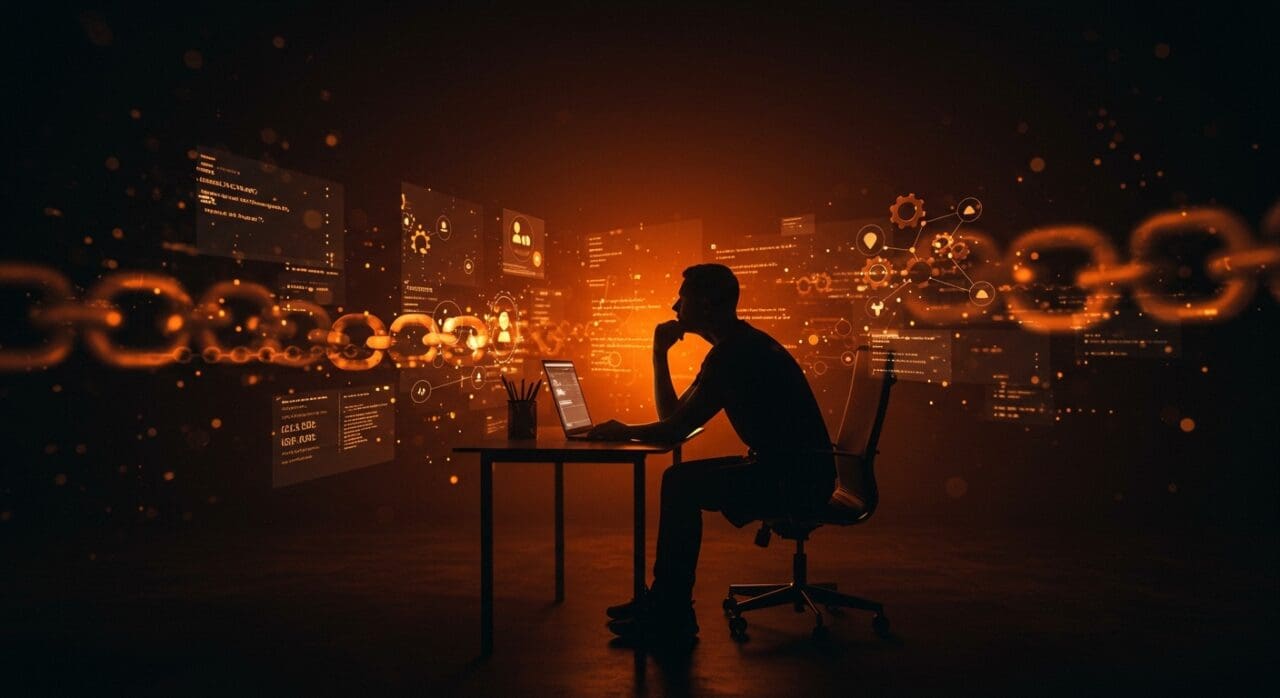 Fundador tecnológico reflexionando sobre la responsabilidad y sostenibilidad en proyectos open source, representado con iconografía digital y cadenas interconectadas en colores naranja y negro.