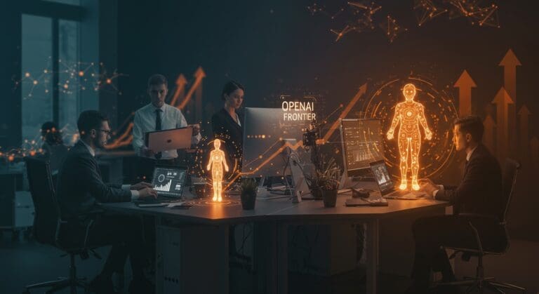 Plataforma OpenAI Frontier visualizada con agentes IA holográficos integrados en un ambiente empresarial, destacando automatización y tecnología avanzada.