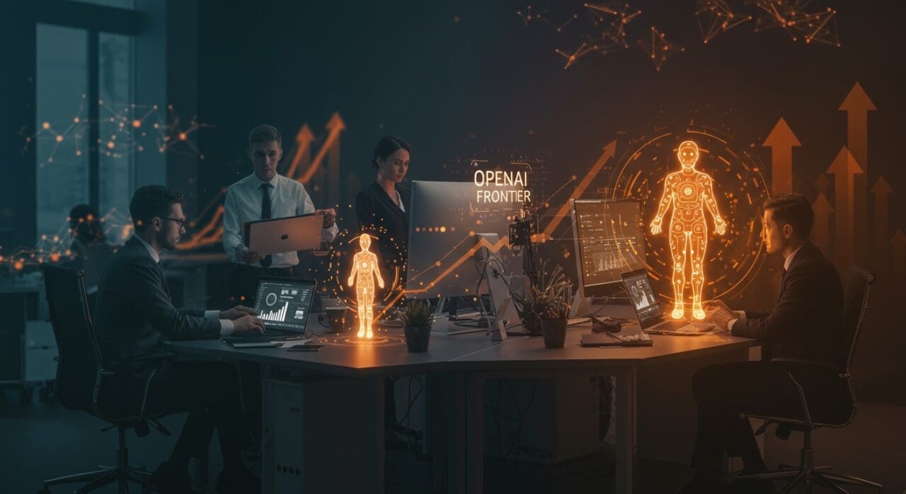 Plataforma OpenAI Frontier visualizada con agentes IA holográficos integrados en un ambiente empresarial, destacando automatización y tecnología avanzada.