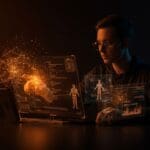 Fundador tecnológico trabajando con interfaces holográficas de codificación agentic del modelo GPT-5.3-Codex de OpenAI en ecosistema startup.