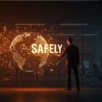 Ejecutivo reflexivo frente a un globo digital con conexiones neuronales resaltando la seguridad y gobernanza en IA tras la transformación empresarial de OpenAI.