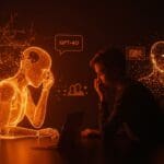 Persona interactuando emocionalmente con un compañero de IA futurista, simbolizando los riesgos éticos y el apego emocional en la retirada de GPT-4o.