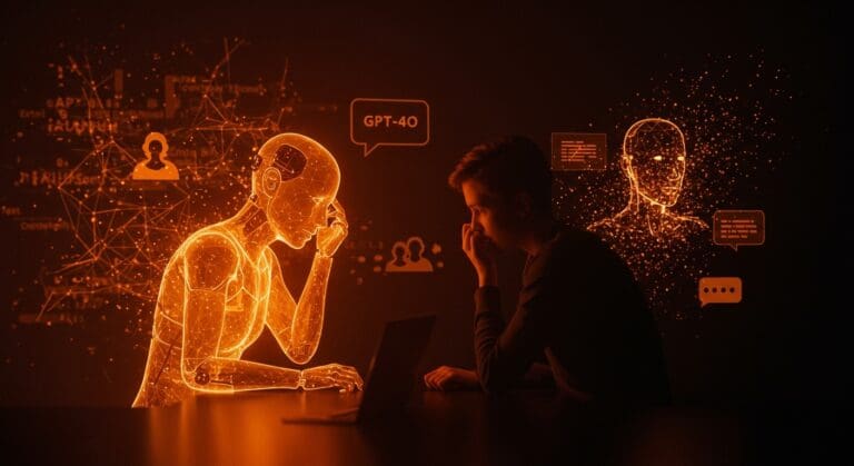 Persona interactuando emocionalmente con un compañero de IA futurista, simbolizando los riesgos éticos y el apego emocional en la retirada de GPT-4o.