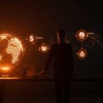 Ejecutivo de OpenAI frente a un globo digital con símbolos del Pentágono y donaciones políticas, representando ética en IA y fondos corporativos.