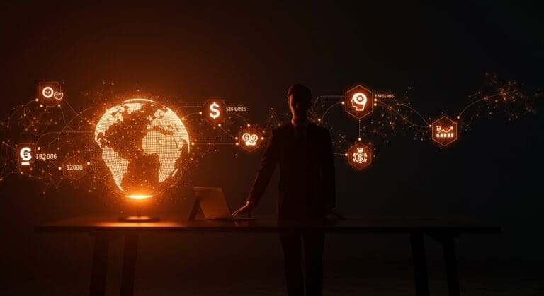 Ejecutivo de OpenAI frente a un globo digital con símbolos del Pentágono y donaciones políticas, representando ética en IA y fondos corporativos.