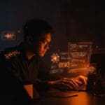 Programador utilizando operaciones atómicas UNIX para programación concurrente thread-safe en sistemas automatizados para startups tecnológicas.